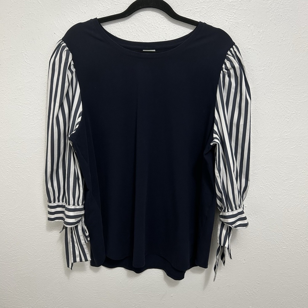 Chico's Blue White Top Contrast Striped Balloon Sleeves Sz 4 / XXL Nautical Boho